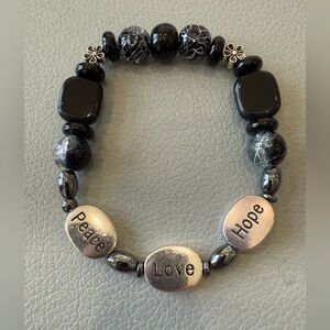 LuckyLu Love Peace Hope Beaded Stackable Bracelet Elastic Bag Charm Black Silver